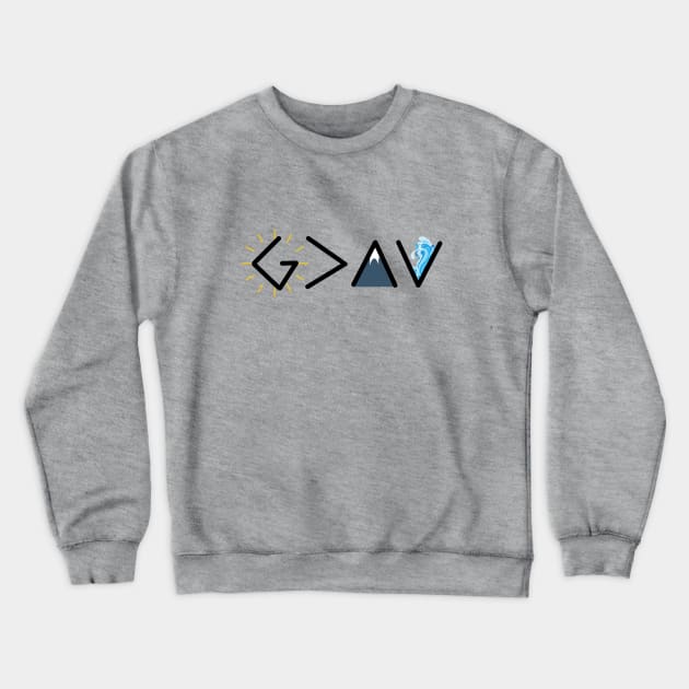 God is greater than the highs and the lows from Romans 8:28, black text Crewneck Sweatshirt by Selah Shop